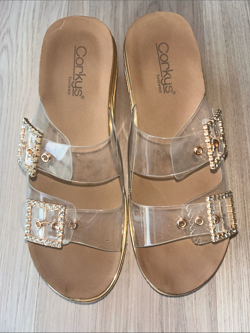 Corkys Twinsie Clear Slide Sandals 9 Gold Rhinestone Adjustable Buckle Wedges